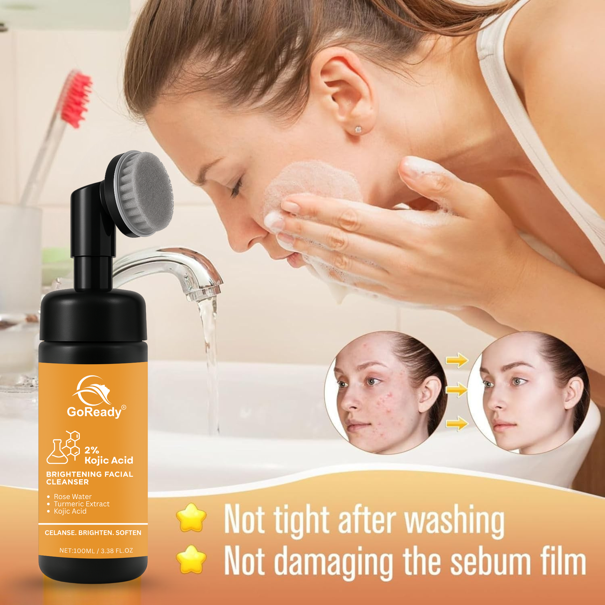 GoReady® 2% Kojic Acid Face Wash, Turmeric , Turmeric Facial Cleanser, Turmeric Foaming Cleanser for All Skin, 3.38 Fl Oz/pcs Face Wash  (100 ml)