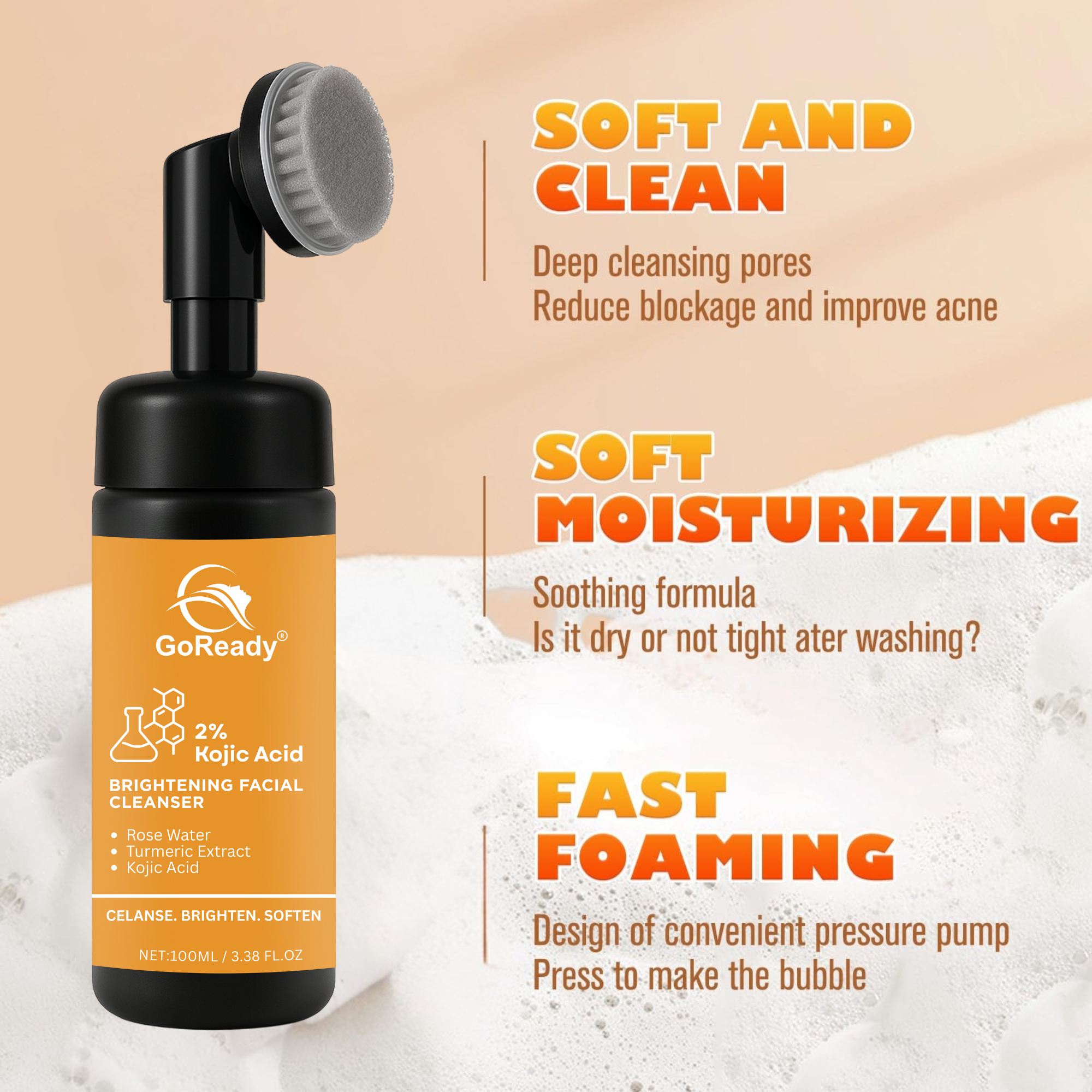 GoReady® 2% Kojic Acid Face Wash, Turmeric , Turmeric Facial Cleanser, Turmeric Foaming Cleanser for All Skin, 3.38 Fl Oz/pcs Face Wash  (100 ml)