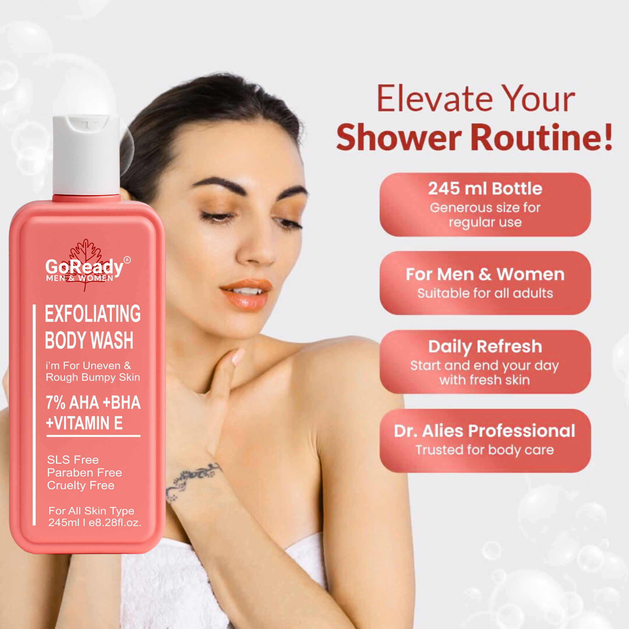 GoReady® 7% AHA BHA Exfoliating Body Wash, De-Tan Glycolic & Salicylic Acid Shower Gel  (245ml)