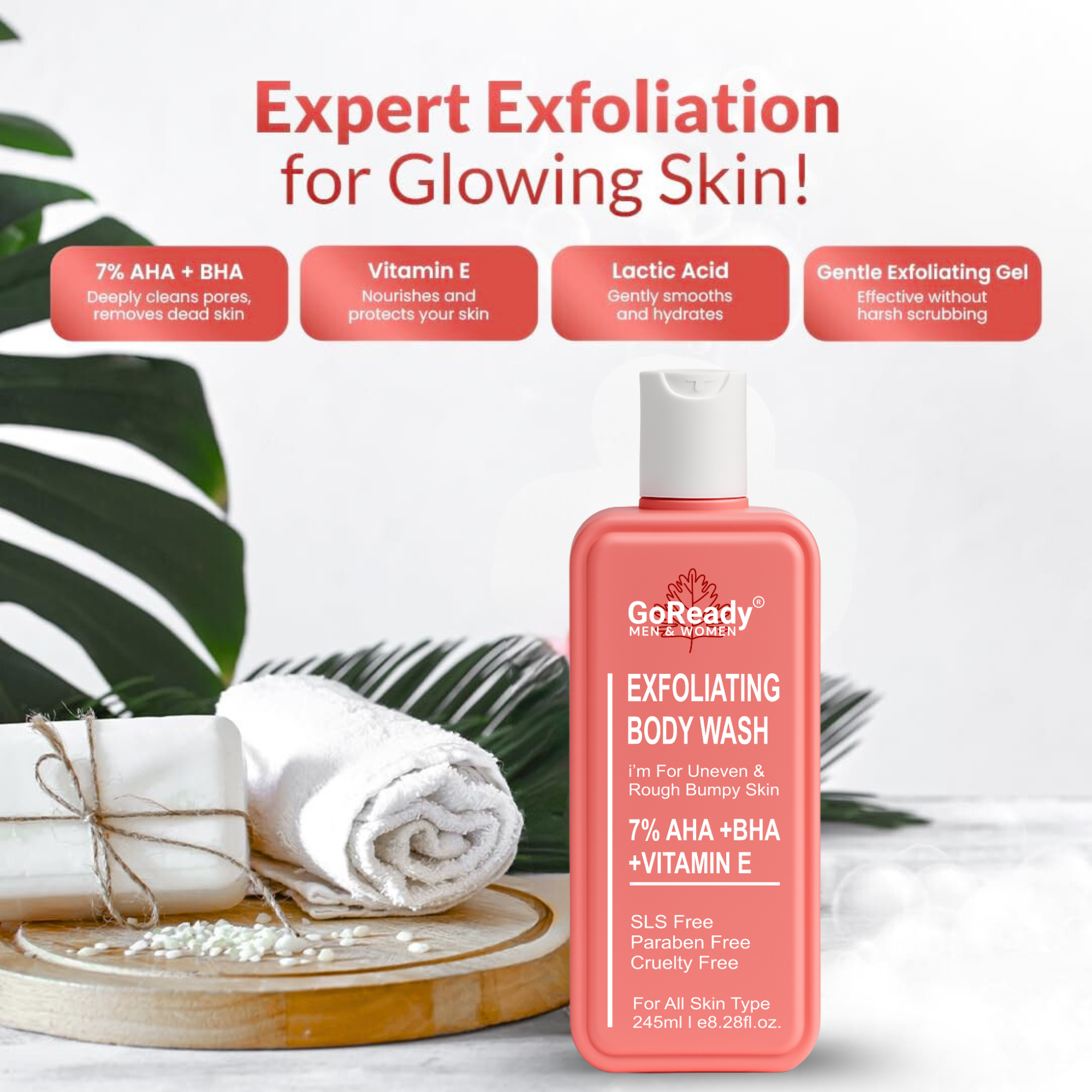 GoReady® 7% AHA BHA Exfoliating Body Wash, De-Tan Glycolic & Salicylic Acid Shower Gel  (245ml)