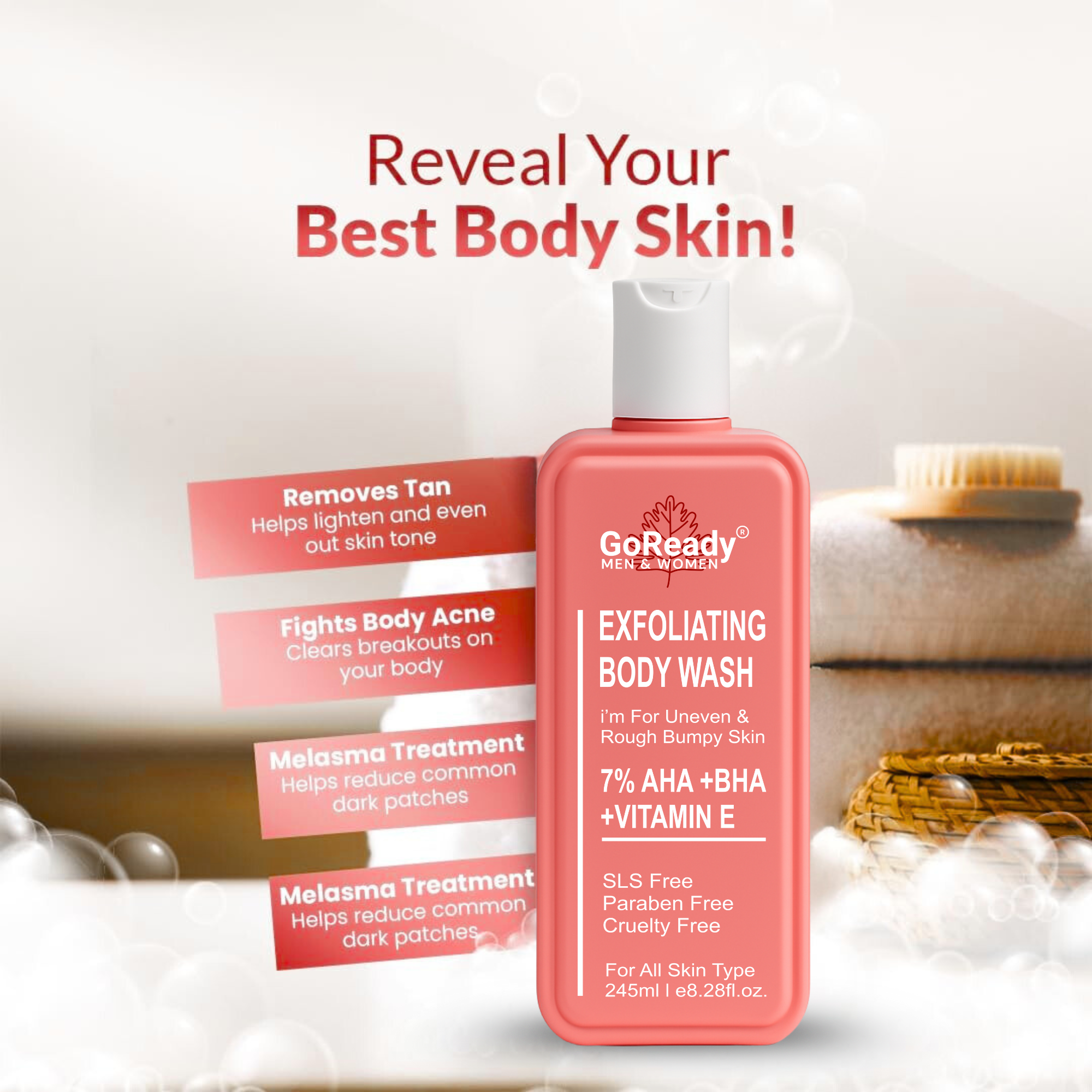 GoReady® 7% AHA BHA Exfoliating Body Wash, De-Tan Glycolic & Salicylic Acid Shower Gel  (245ml)