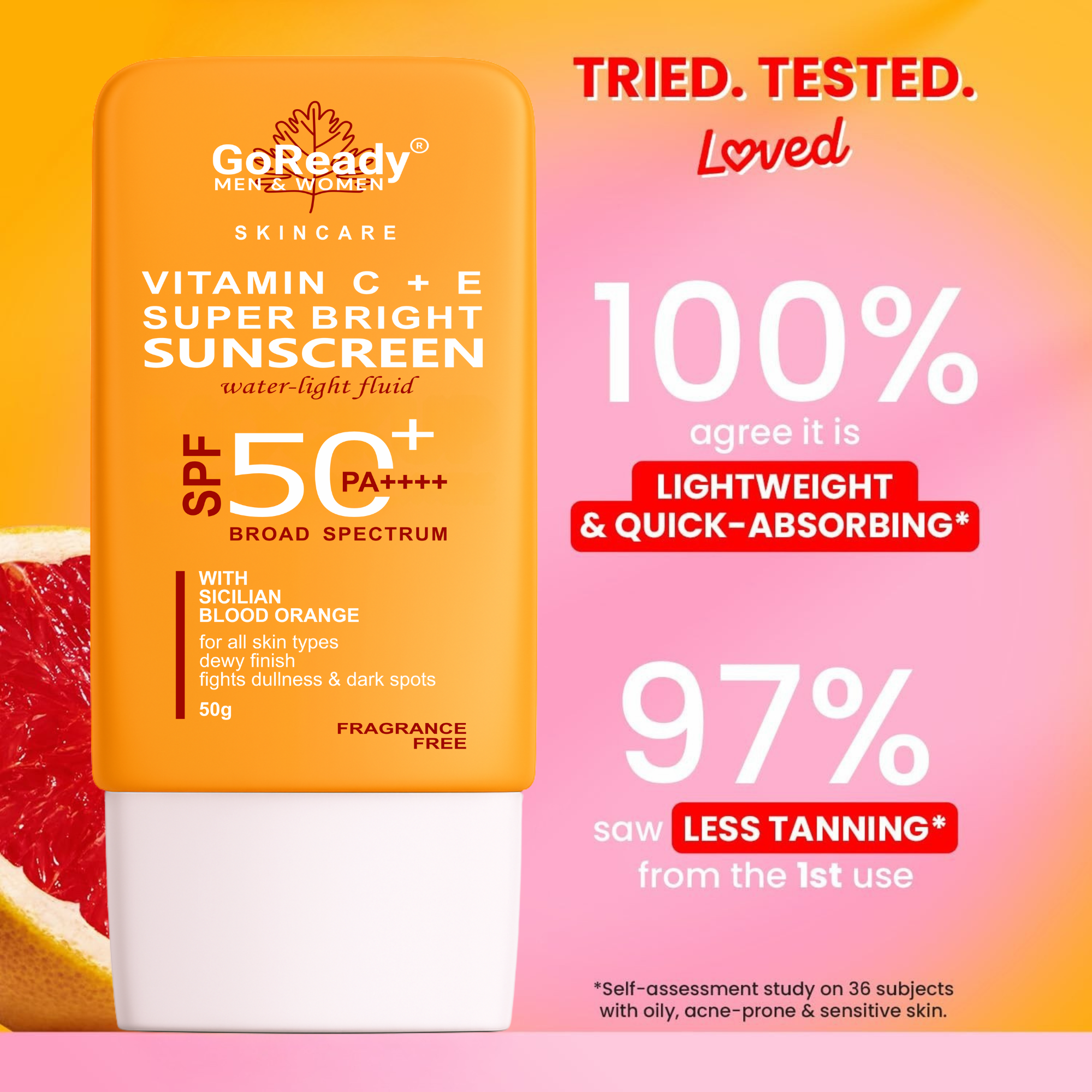 GoReady® Sunscreen - SPF 50 PA++++ | Vitamin C+E Super Bright,WaterLight, For Even Toned & Glowing Skin  (50gm)