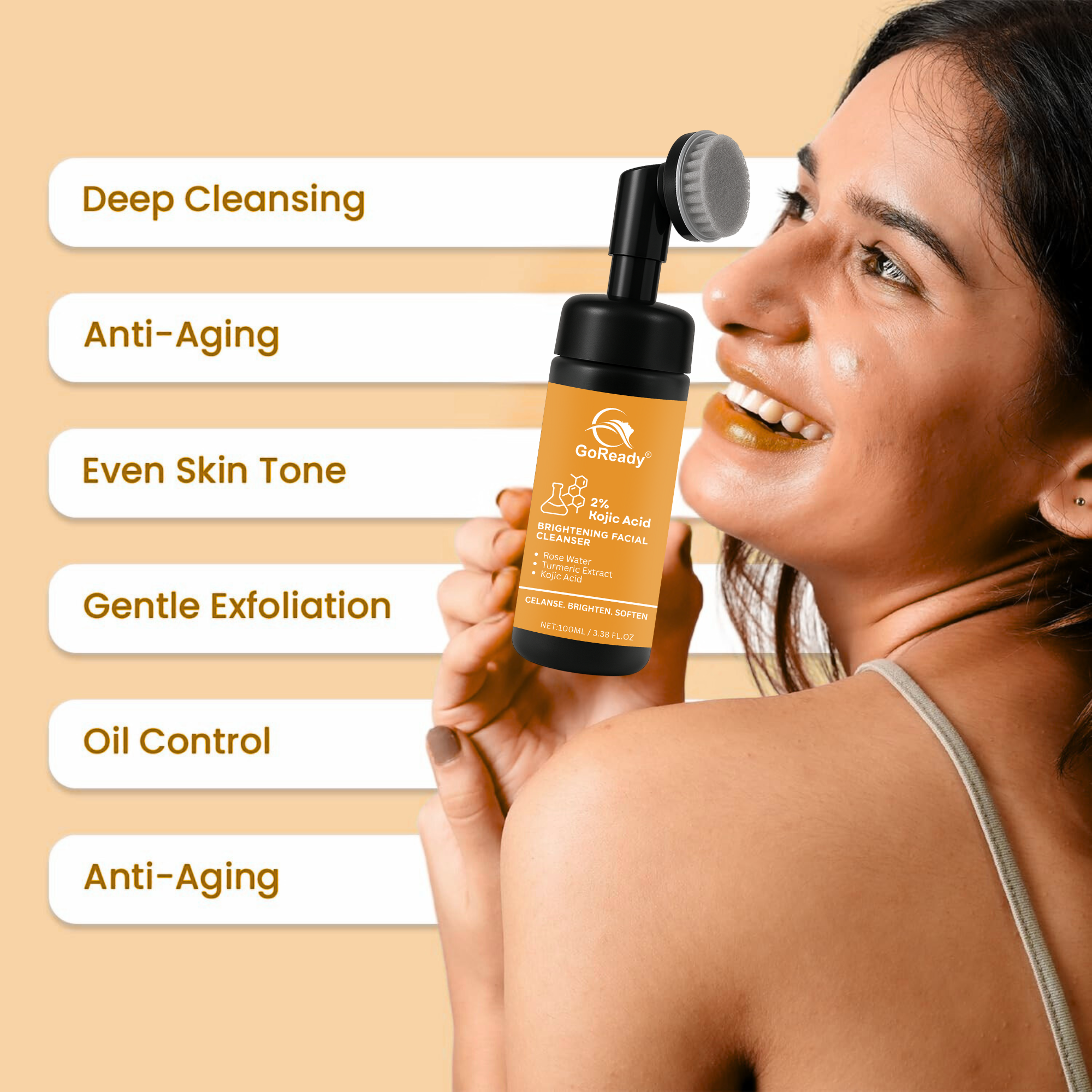 GoReady® 2% Kojic Acid Face Wash, Turmeric , Turmeric Facial Cleanser, Turmeric Foaming Cleanser for All Skin, 3.38 Fl Oz/pcs Face Wash  (100 ml)